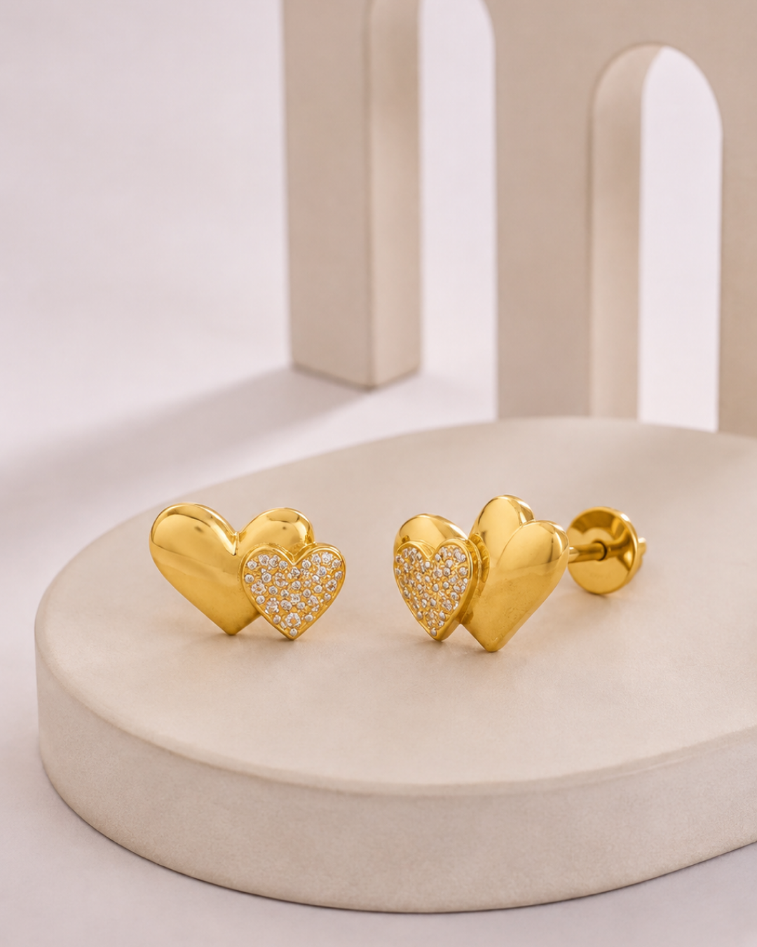 DUAL INTERLOCKING HEART CZ STUD EARRINGS