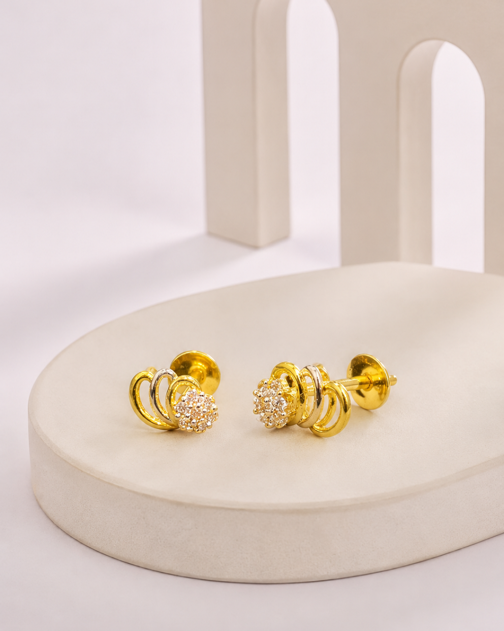 SWIRL LOOP & CZ CLUSTER STUD EARRINGS