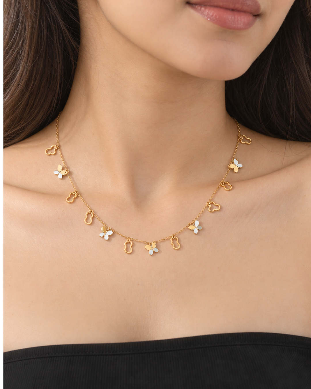 GOLD MULTI-CHARM BUTTERFLY & CLOVER STATION CHAIN NECKLACE