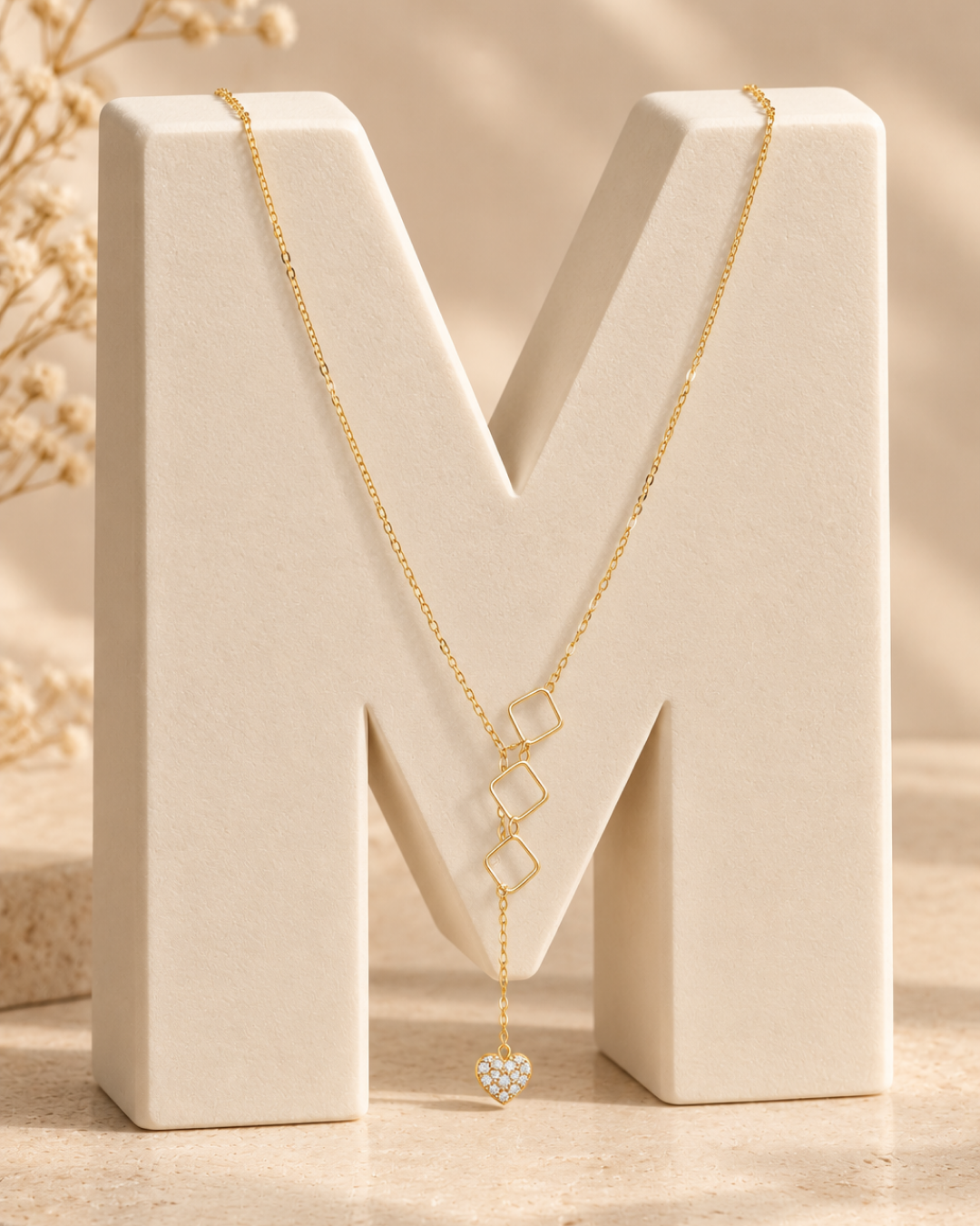 RHOMBUS Y-NECKLACE WITH CZ HEART DROP