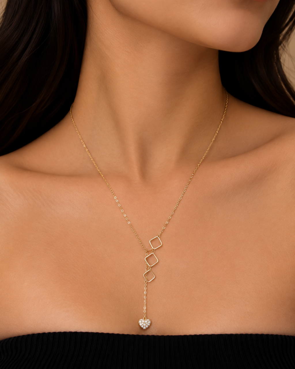RHOMBUS Y-NECKLACE WITH CZ HEART DROP