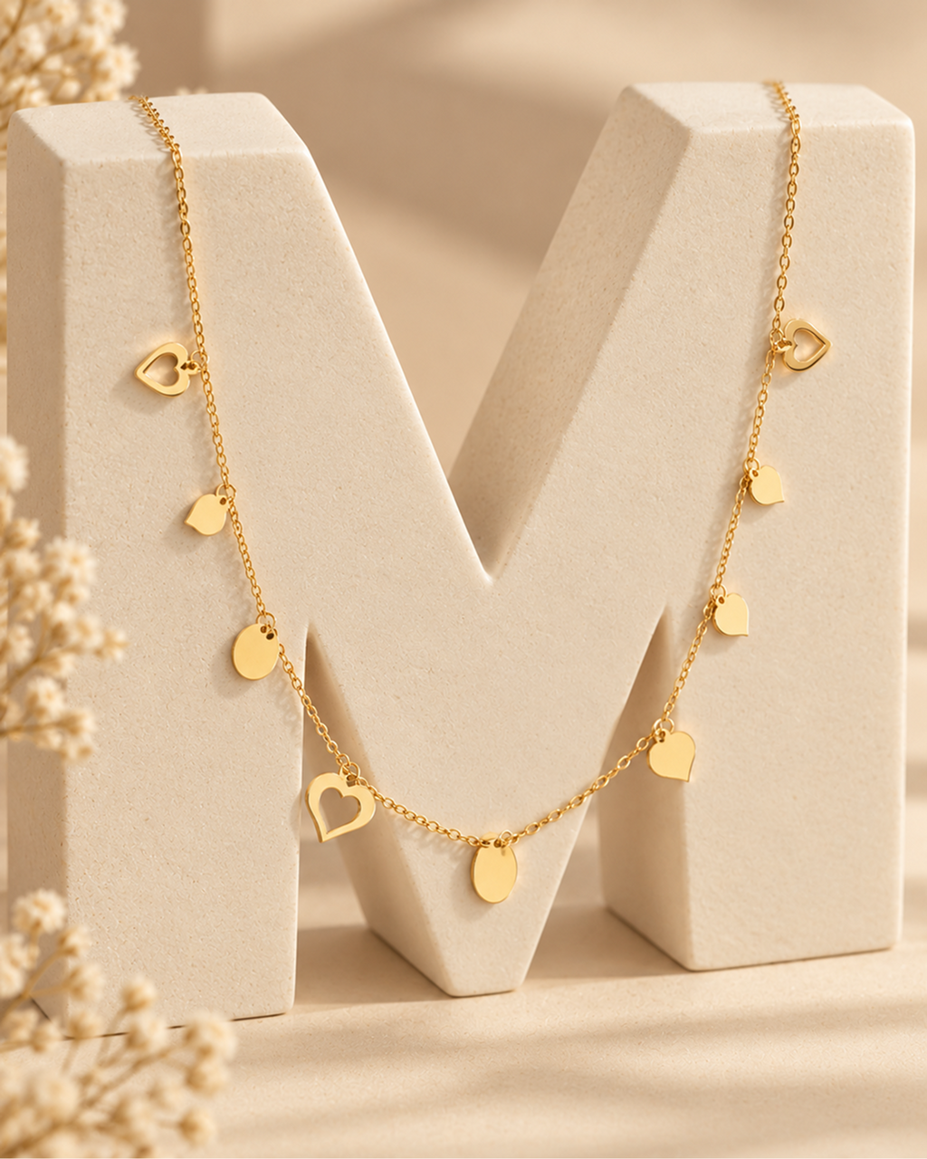MULTI-CHARM HEART & DISC STATION  NECKLACE