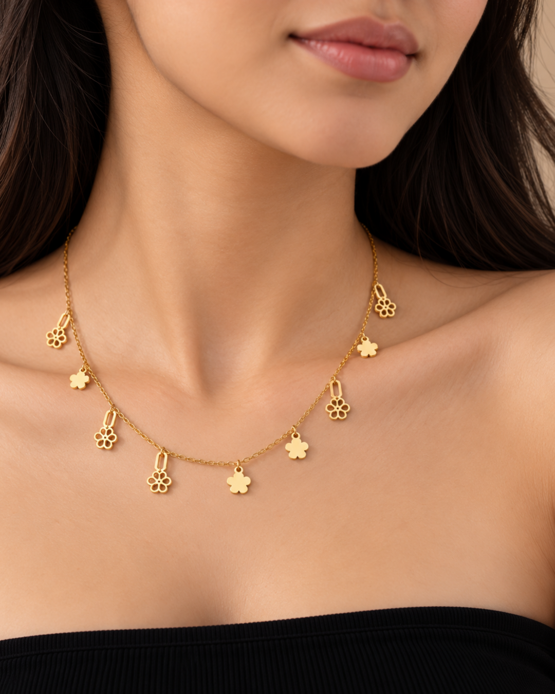 GOLD MULTI-CHARM FLORAL STATION CHAIN NECKLACE