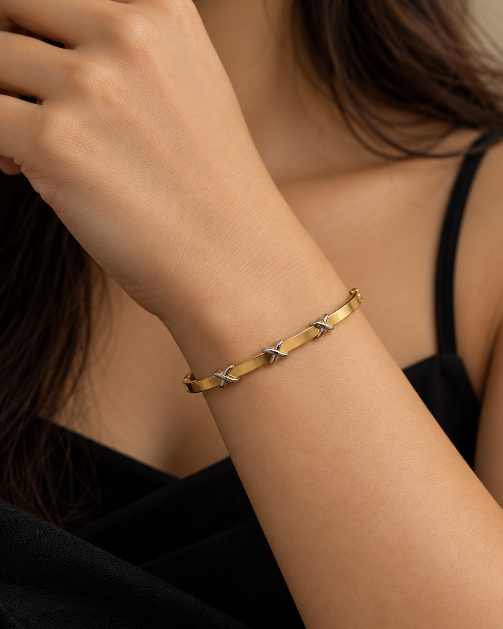 GOLD DUAL-TONE CROSS STATION BRACELET