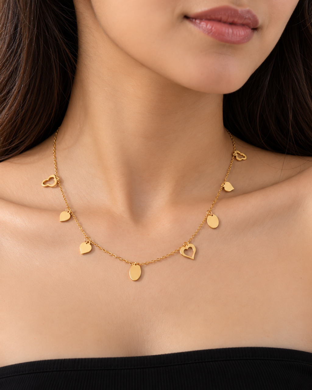 MULTI-CHARM HEART & DISC STATION  NECKLACE