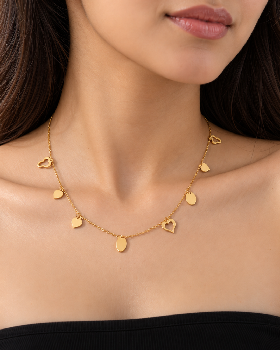 MULTI-CHARM HEART & DISC STATION  NECKLACE
