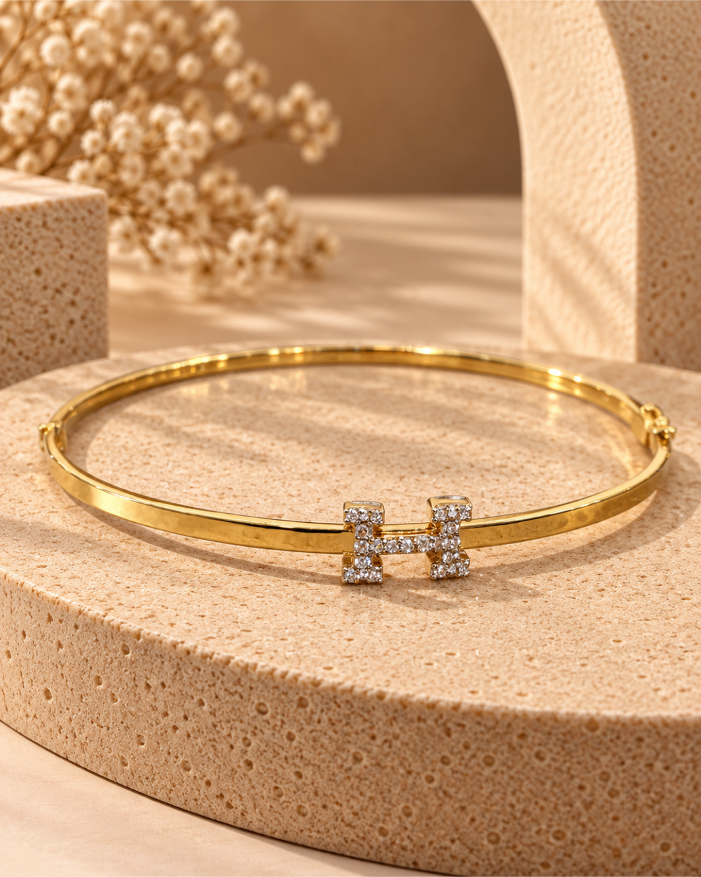 GOLD PAVÉ CZ 'H' INITIAL STATION HINGED BRACELET
