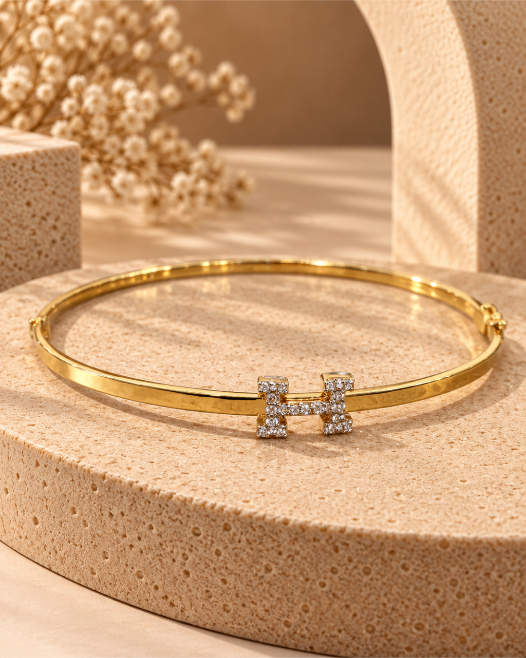 GOLD PAVÉ CZ 'H' INITIAL STATION HINGED BRACELET
