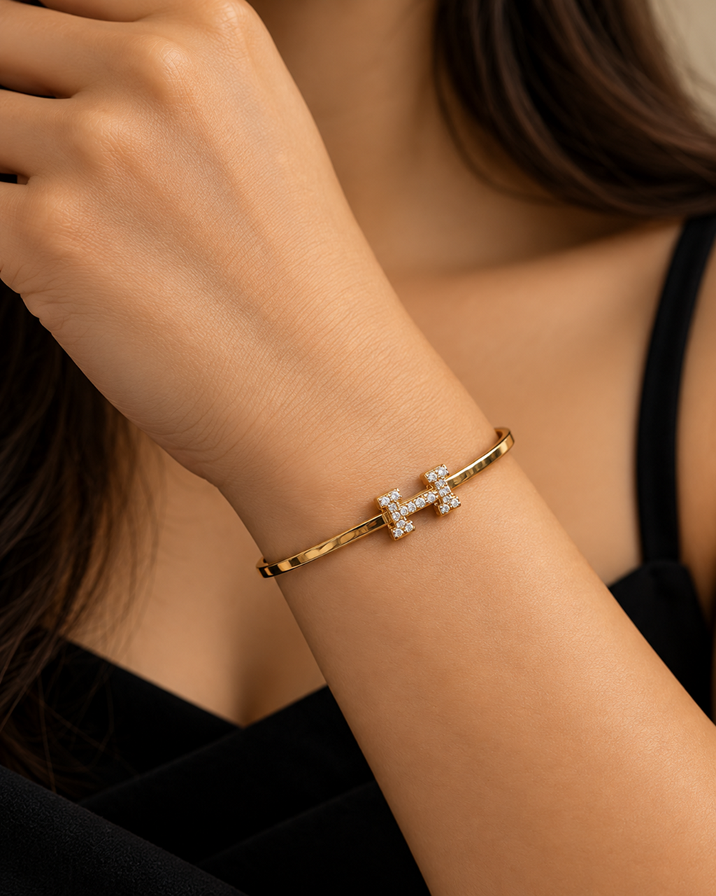 GOLD PAVÉ CZ 'H' INITIAL STATION HINGED BRACELET