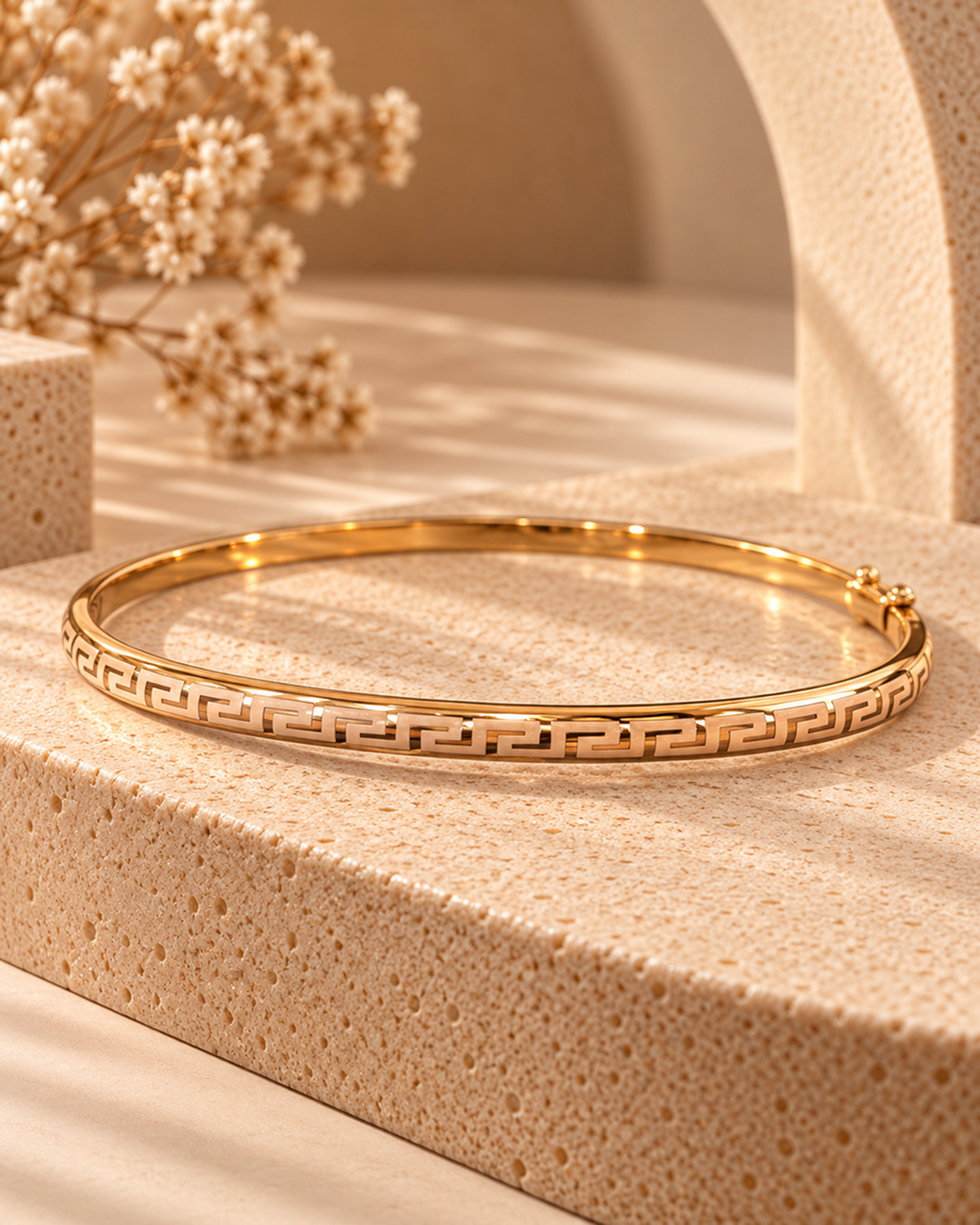 GOLD GREEK KEY PATTERN ENGRAVED HINGED BRACELET