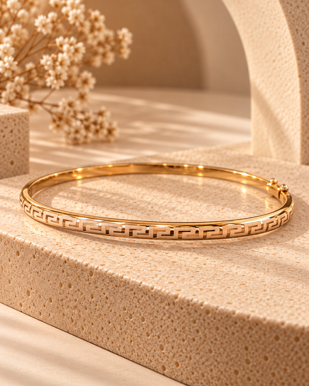 GOLD GREEK KEY PATTERN ENGRAVED HINGED BRACELET