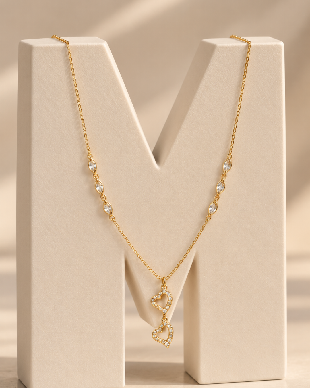 GOLDEN DOUBLE HEART MARQUISE STATION NECKLACE
