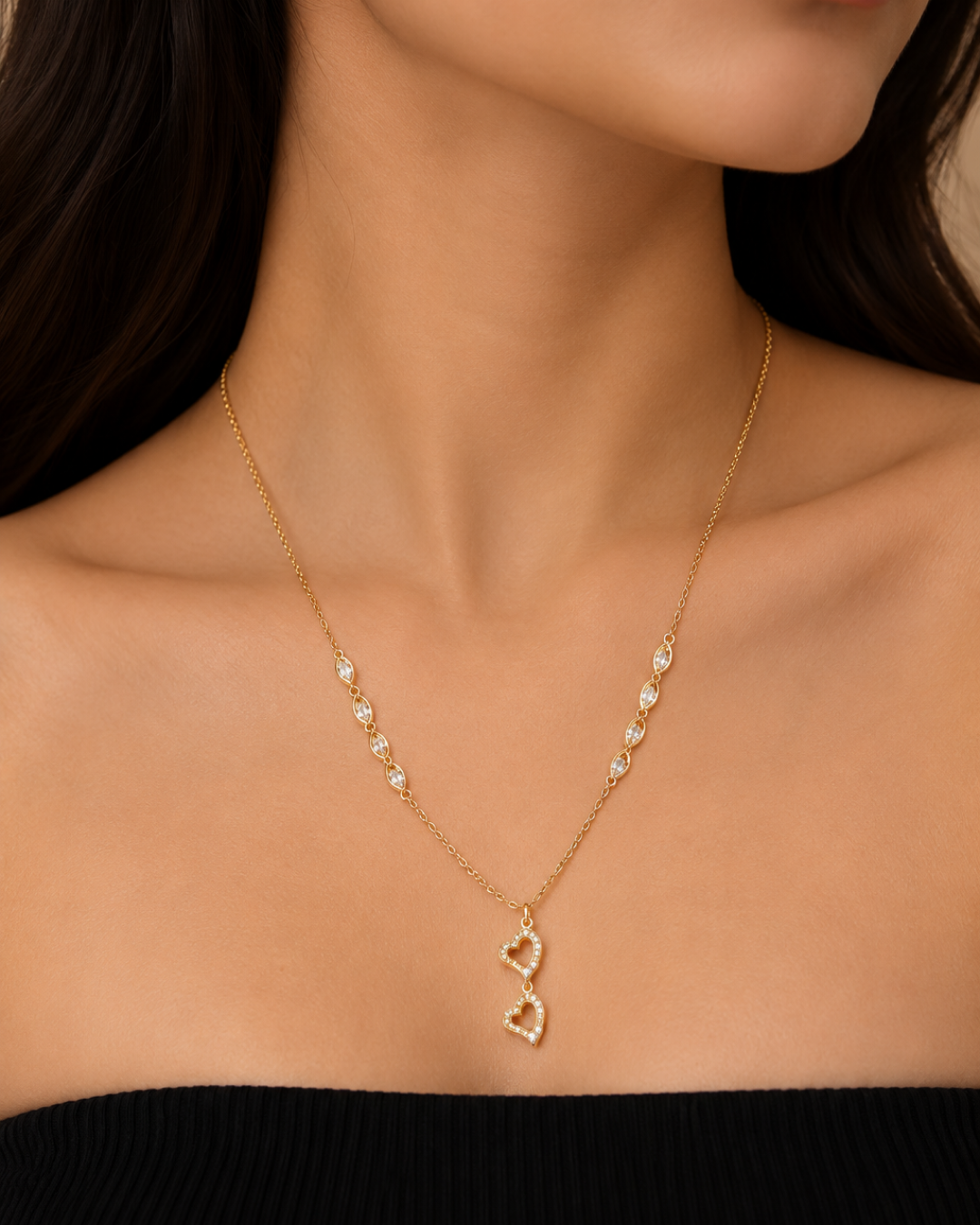 GOLDEN DOUBLE HEART MARQUISE STATION NECKLACE