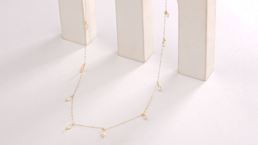 Necklace on a white stand with a white background