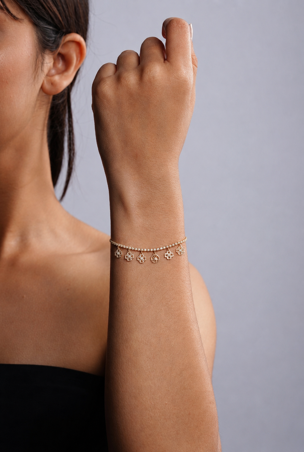 PAVE CRYSTAL STRAND CLOVER DROPS  BRACELET
