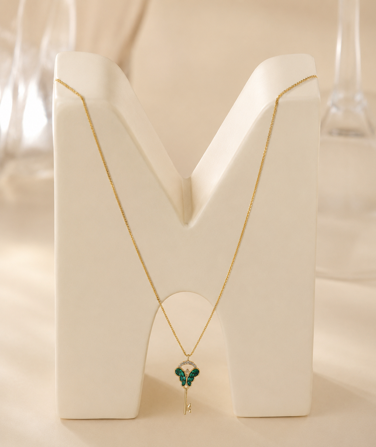 GREEN BUTTERFLY KEY PENDANT NECKLACE